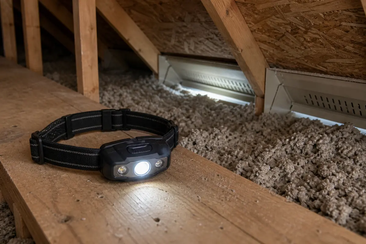 Headlamp used to inspect eave bays, baffles, vent covers, and hatch edges