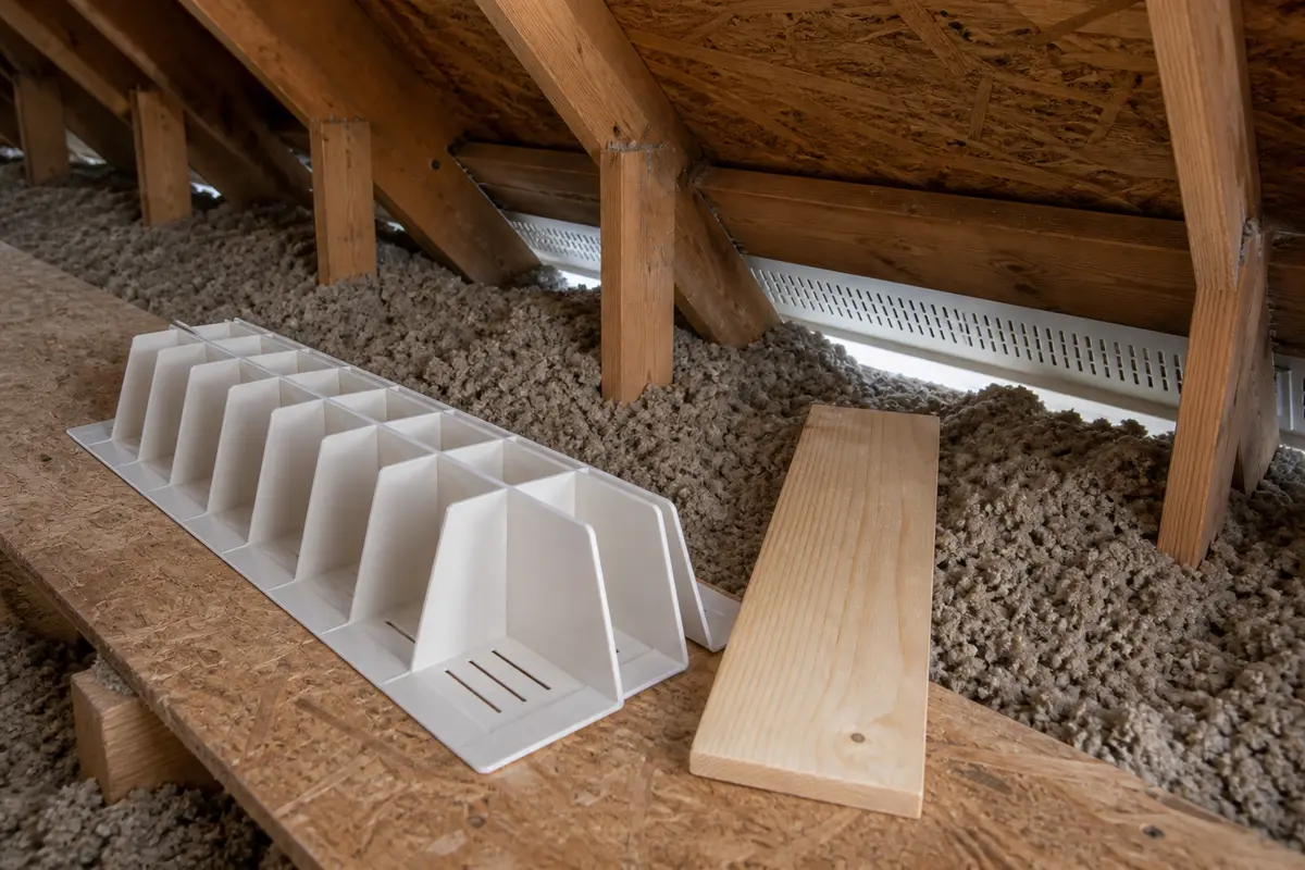 Attic ventilation baffle preserving soffit intake for attic airflow