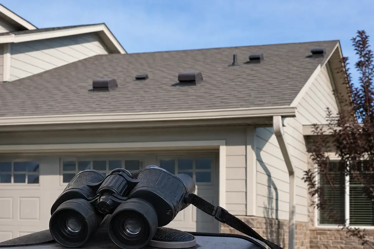 Inspection binoculars used from the ground to check an attic vent that whistles in wind