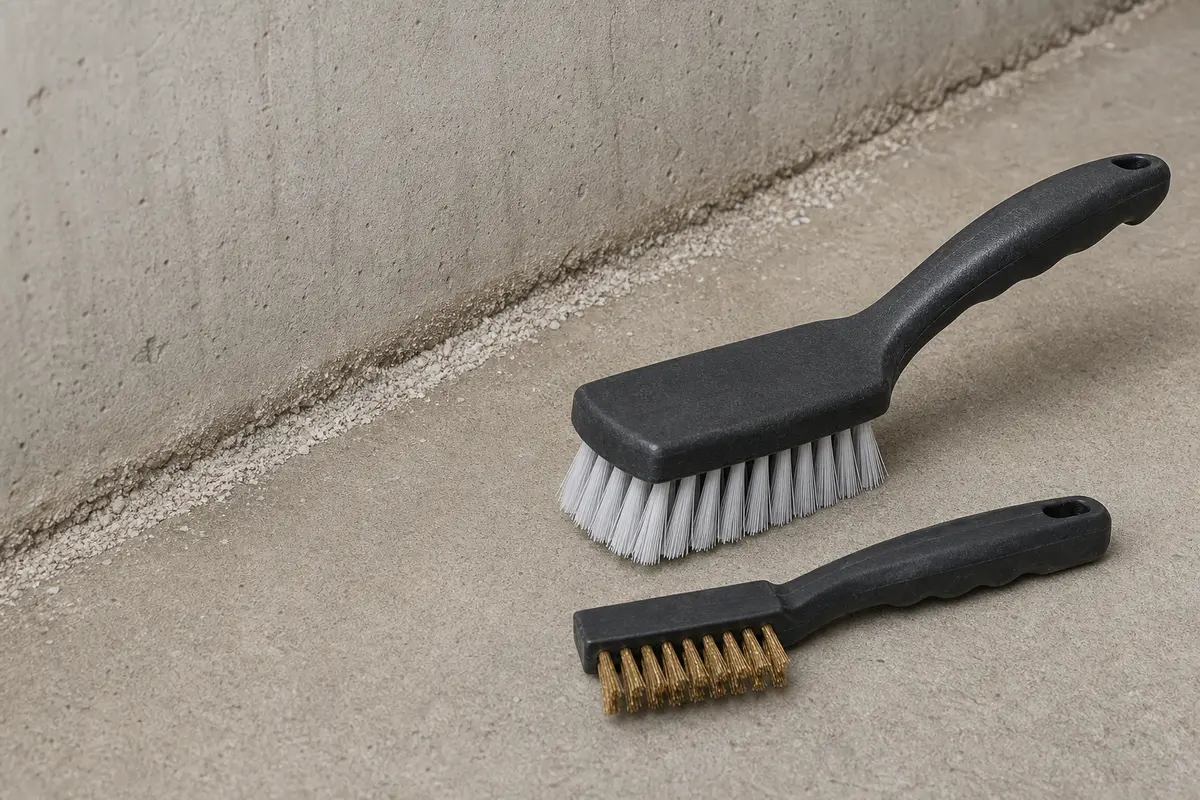 Stiff nylon and wire brushes for cleaning a small dry basement masonry repair area