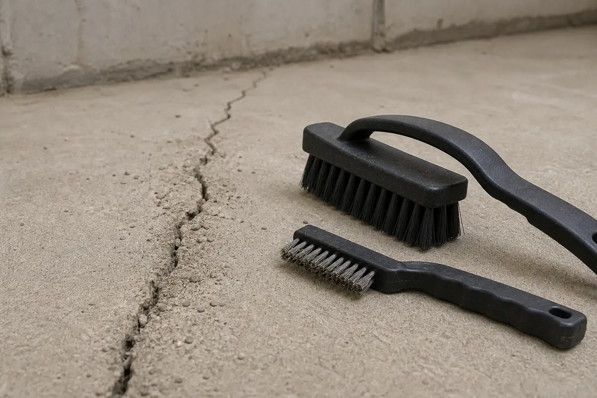 Stiff nylon and wire brushes for cleaning a dry basement floor crack