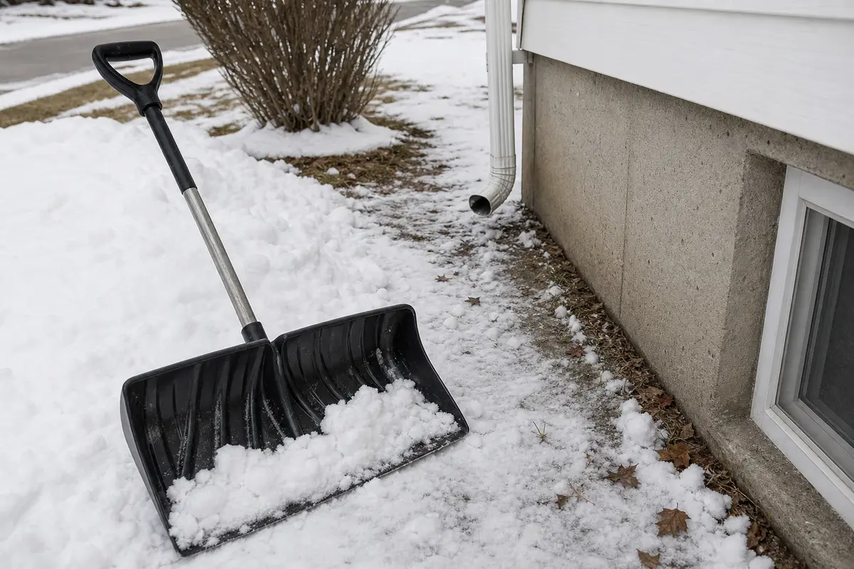 Snow shovel clearing packed snow away from a basement foundation edge