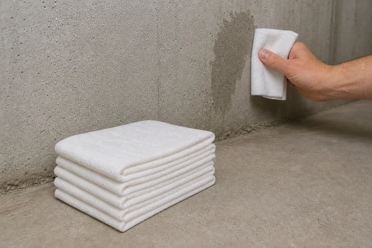 Absorbent towels wiping moisture from a sweating basement floor