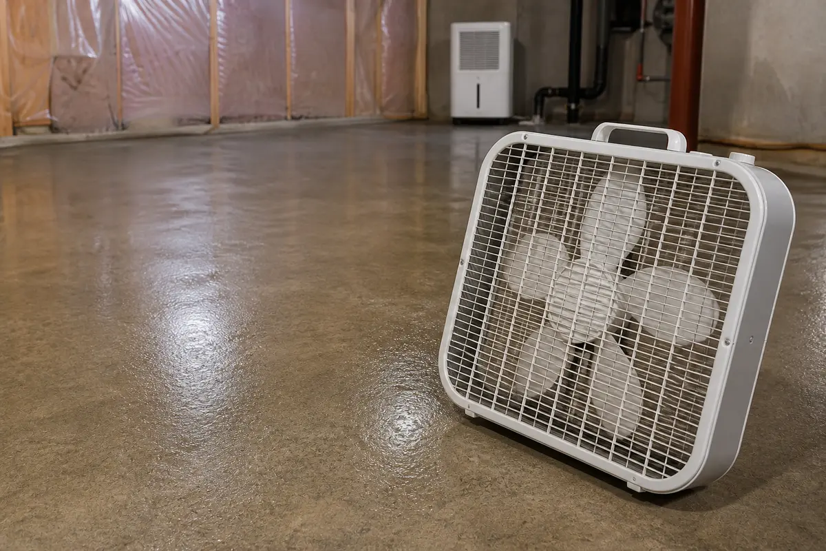 Box fan moving air over a sweating basement floor