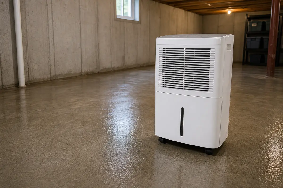 Basement dehumidifier used to reduce sweating on a concrete floor