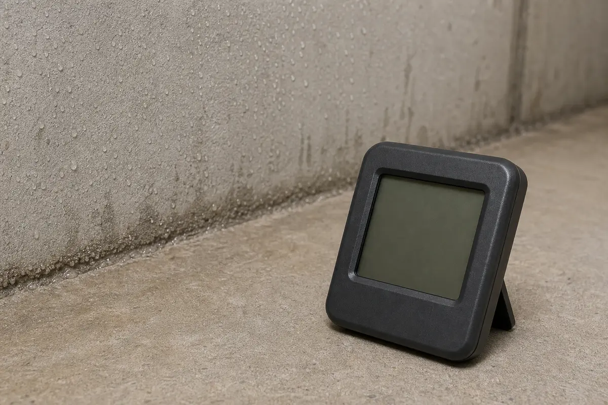 Digital hygrometer measuring humidity near a sweating basement floor