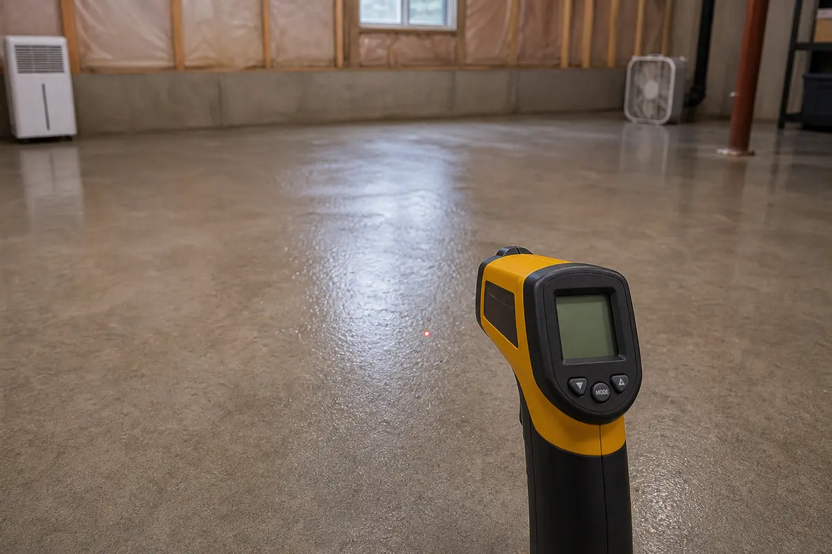 Infrared thermometer checking a cold basement slab for condensation risk