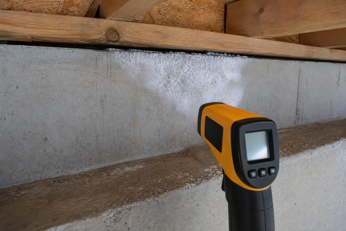 Infrared thermometer checking a cold basement foundation wall