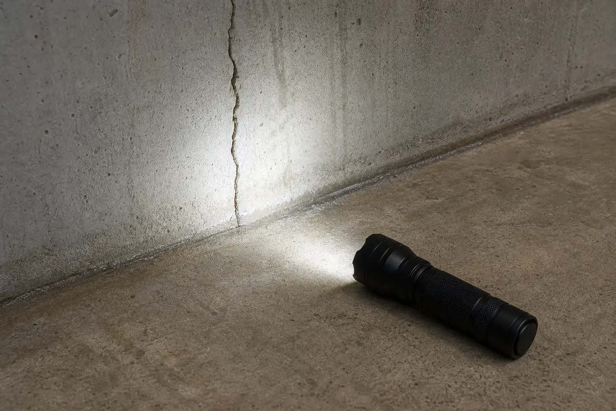 Inspection flashlight aimed along a basement wall near an oil tank