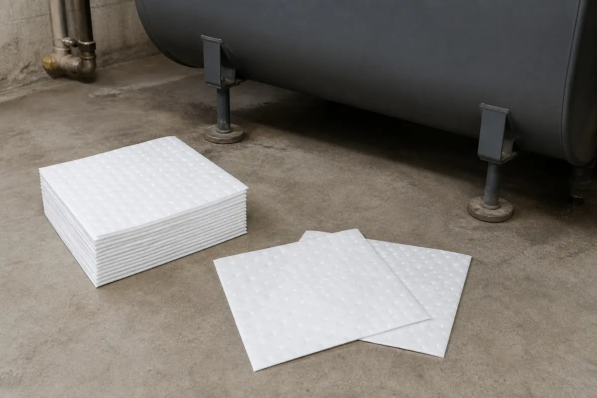 Oil-only absorbent pads laid near a basement oil tank area