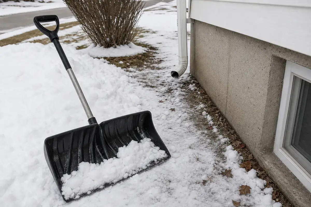 Snow shovel clearing spring melt snow away from a foundation wall