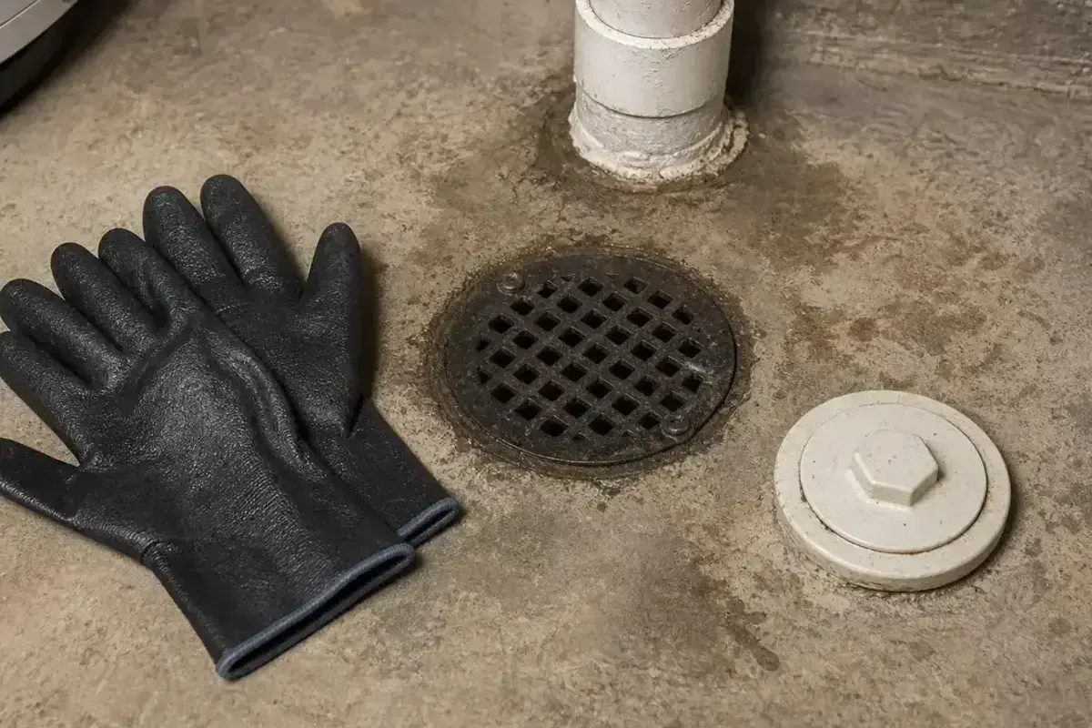Waterproof work gloves beside a basement drain after spring seepage