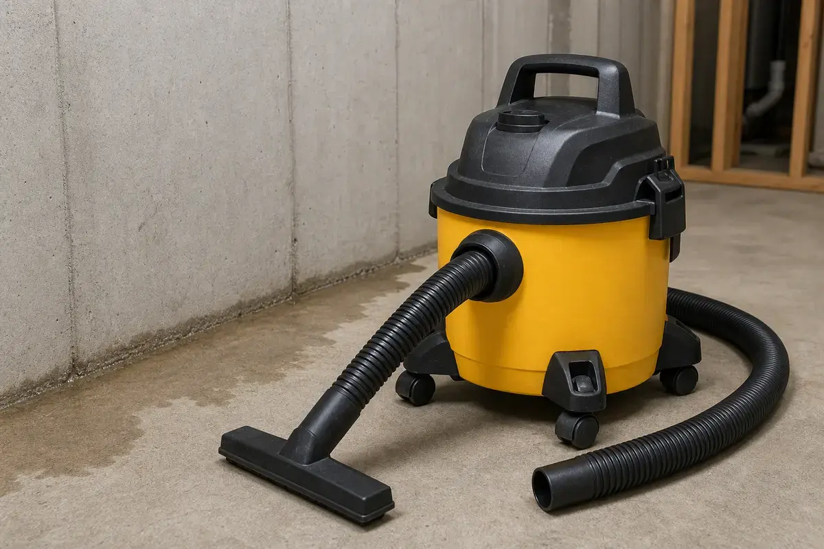 Wet/dry vacuum staged for spring basement water cleanup