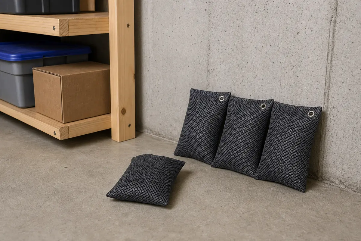 Activated charcoal odor absorber bags on basement shelving