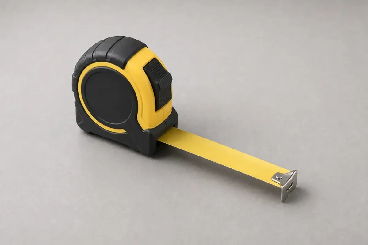 Measuring tape beside a basement stair-step crack