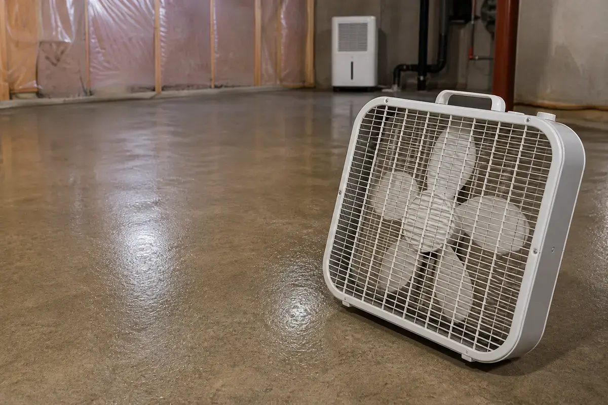Box fan moving dry air behind a basement shelf