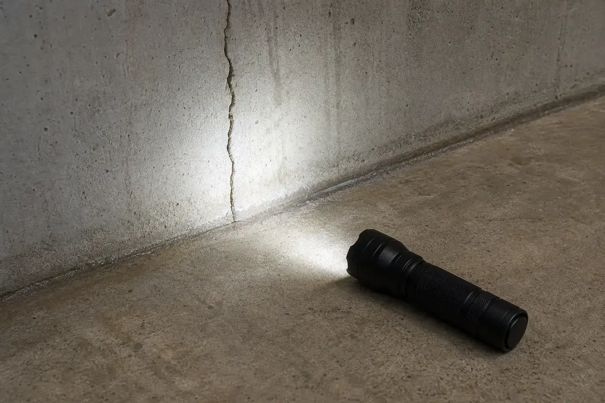 Inspection flashlight aimed at a leaking basement wall crack