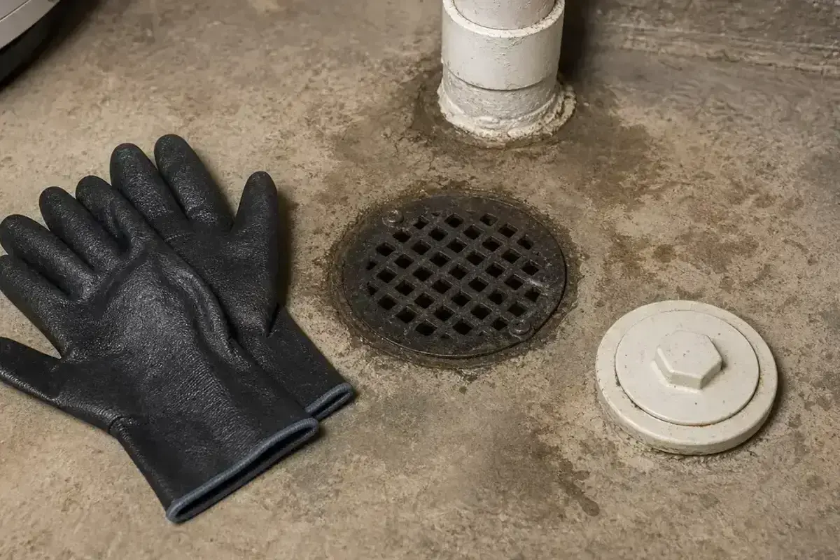 Waterproof work gloves beside a leaking basement wall crack