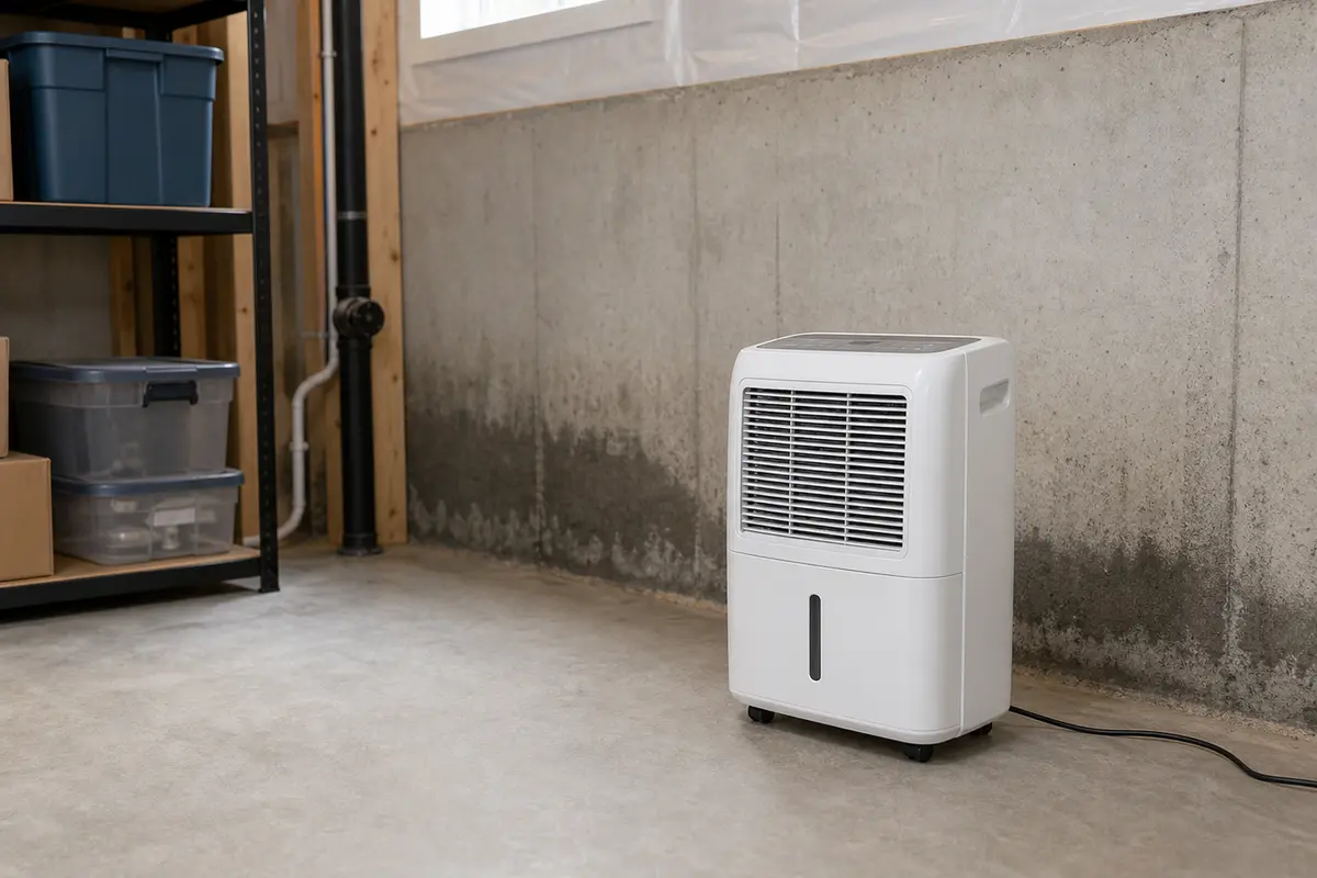Basement dehumidifier used near a damp leaking-look basement wall