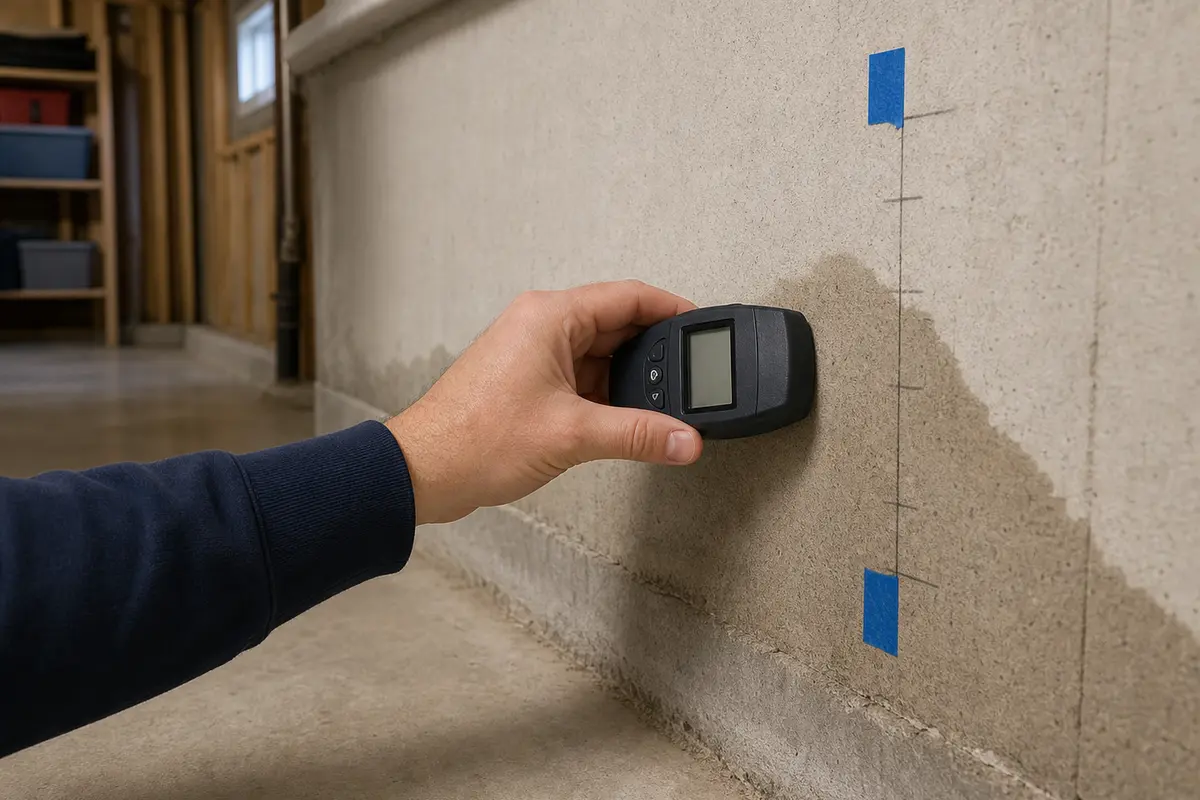 Pinless moisture meter checking a leaking basement wall