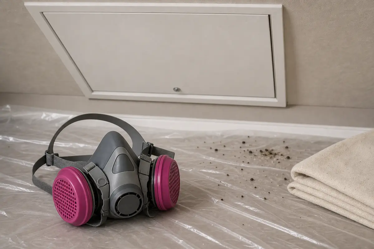 P100 respirator staged near a limited attic hatch guano cleanup area