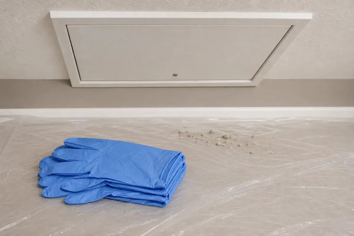 Disposable nitrile gloves staged for limited bat guano cleanup