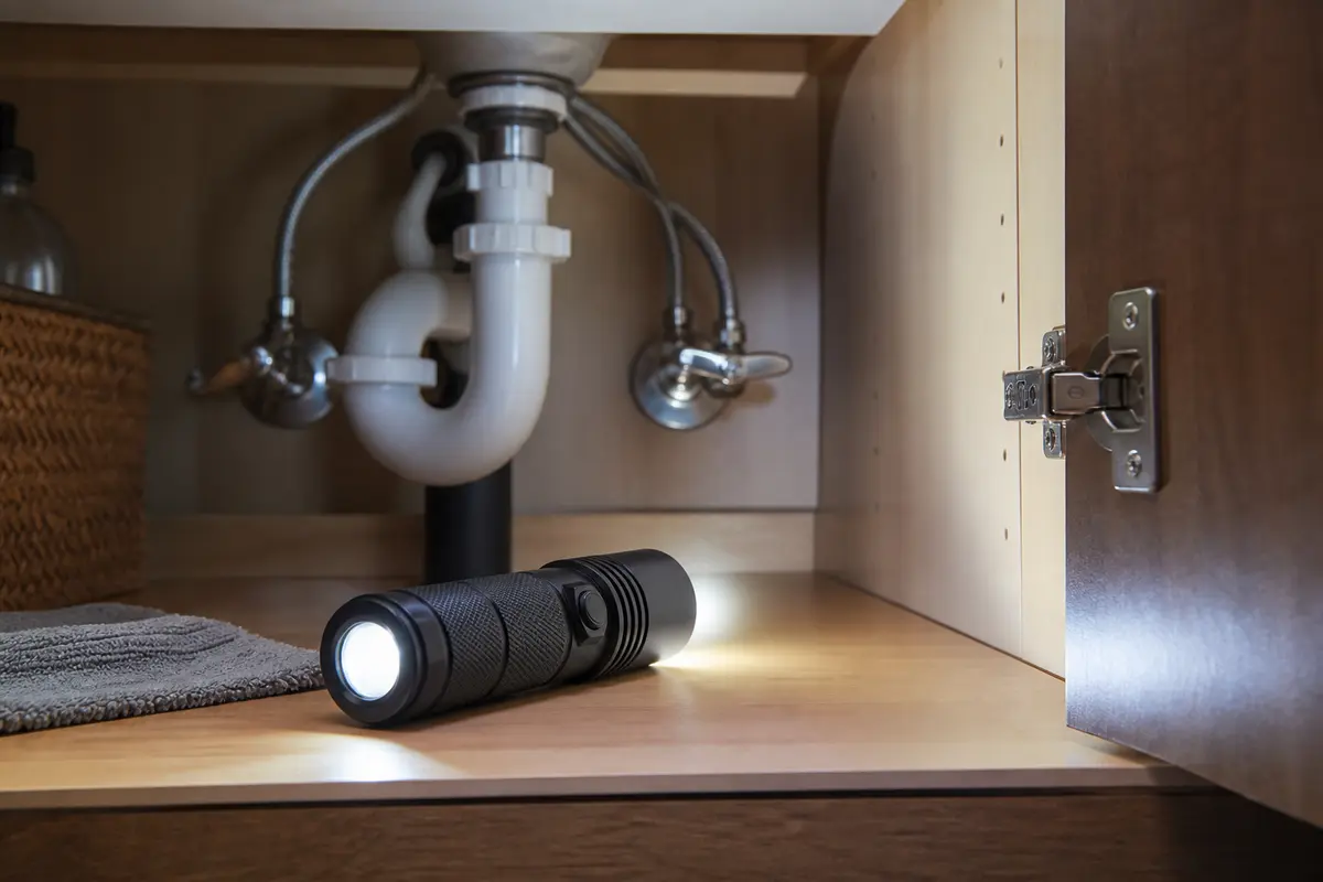 Inspection flashlight aimed at bathroom sink plumbing under the cabinet