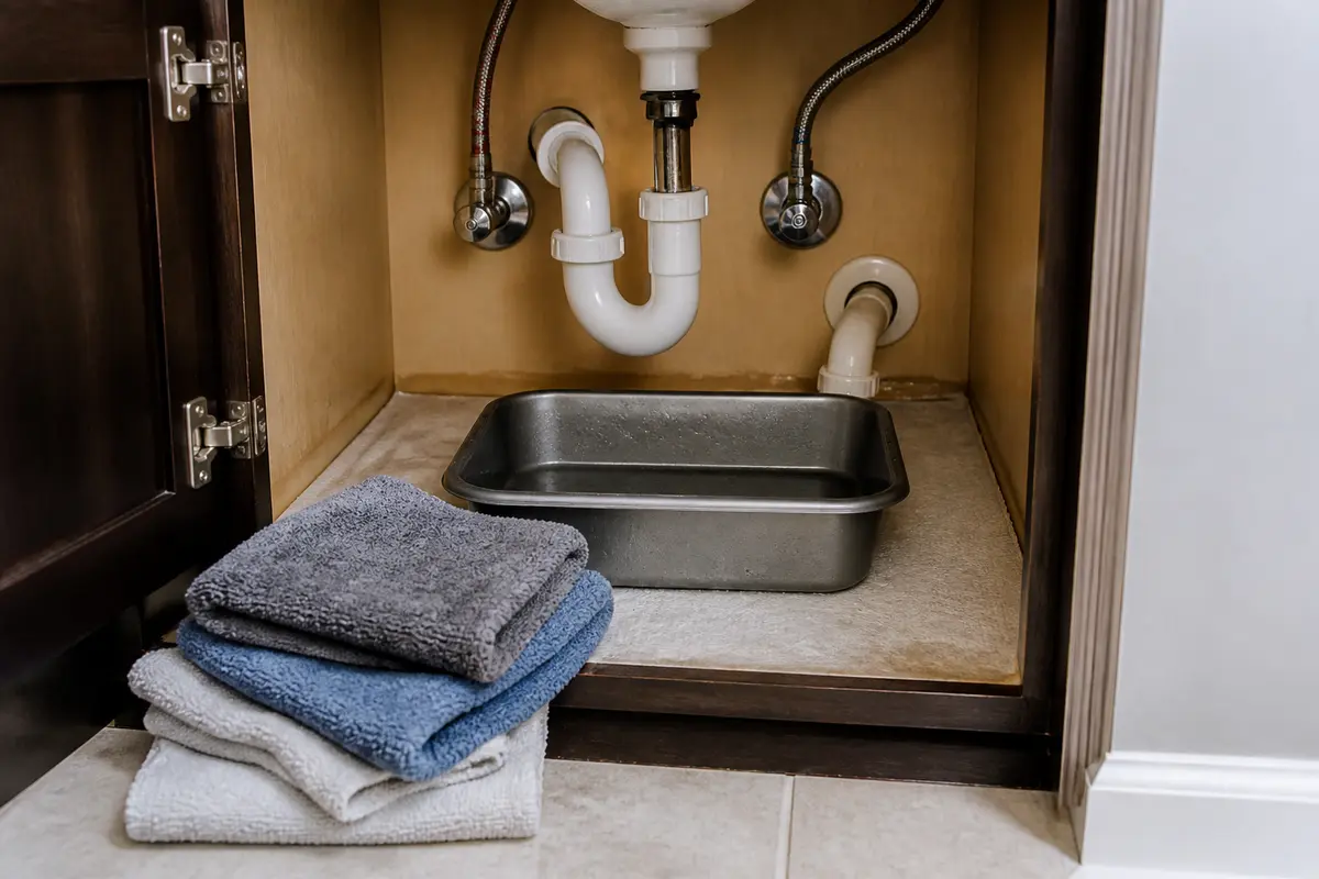 Shallow pan and towels under bathroom sink plumbing