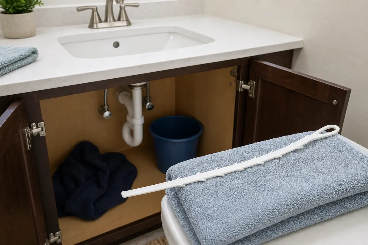 Plastic drain cleaning tool for a bathroom sink hair clog