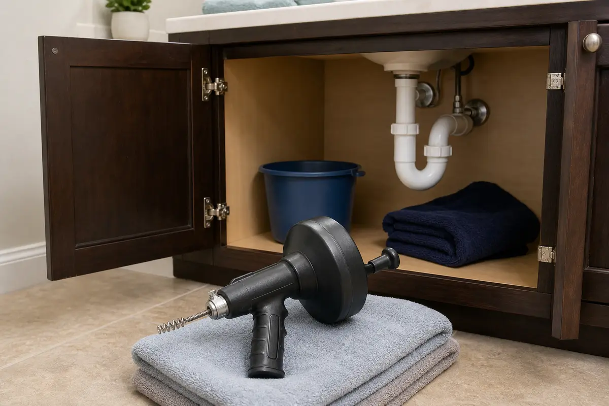 Small hand auger for a bathroom sink wall drain