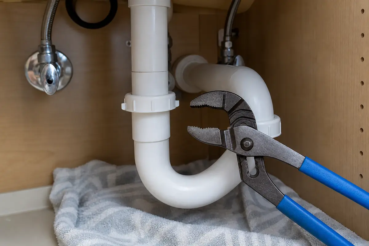 Tongue-and-groove pliers on a bathroom sink P-trap