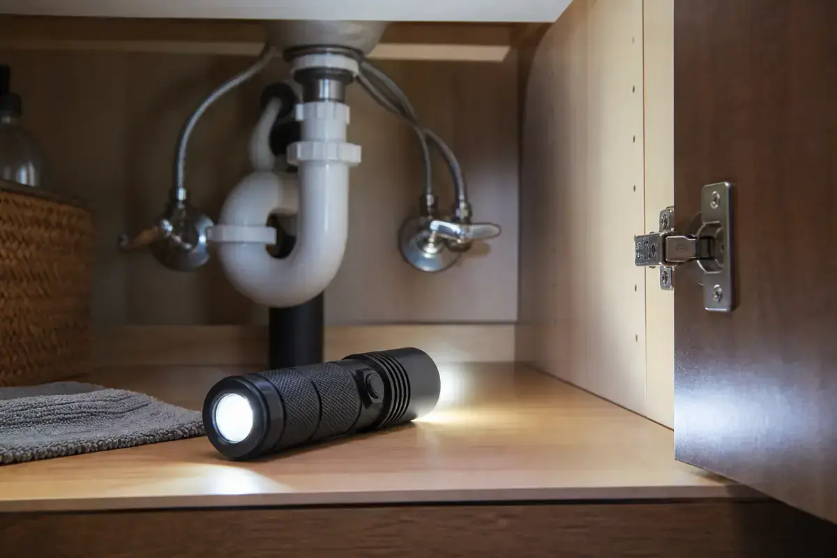 Inspection flashlight checking bathroom sink drain plumbing