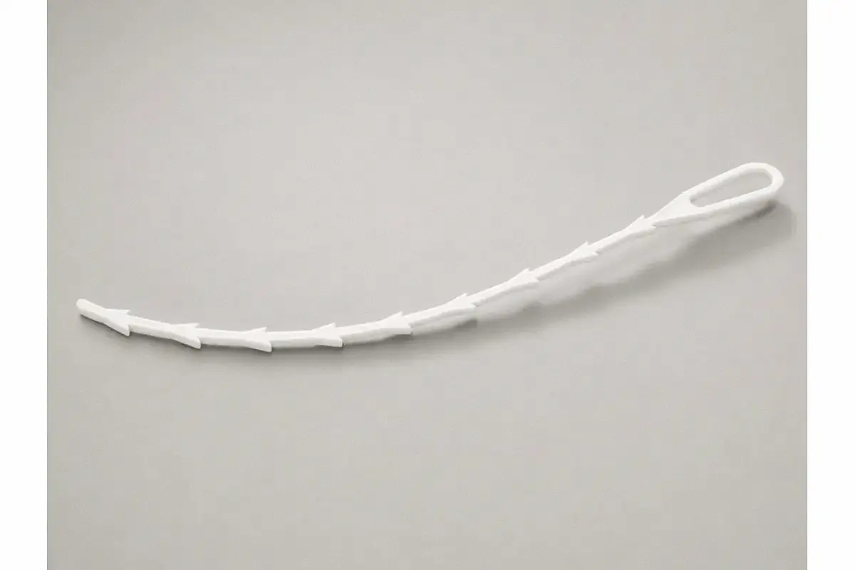 Plastic drain cleaning tool beside a bathroom sink drain