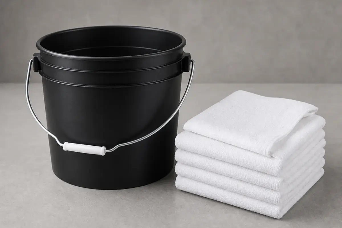 Bucket and towels staged below a ceiling leak