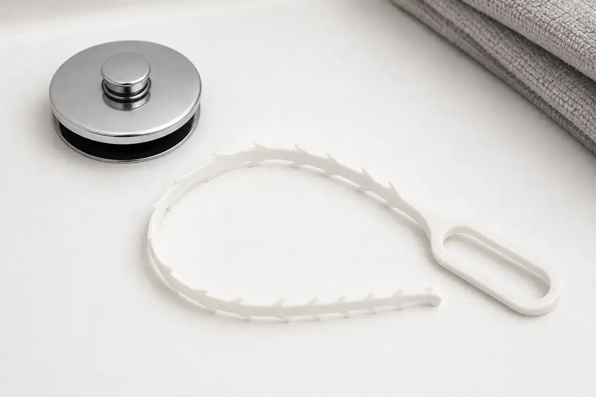 Plastic drain cleaning tool used for reachable hair near a bathtub drain