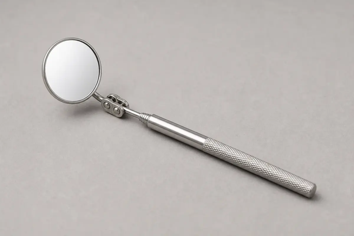 Small inspection mirror for viewing a bathtub overflow elbow