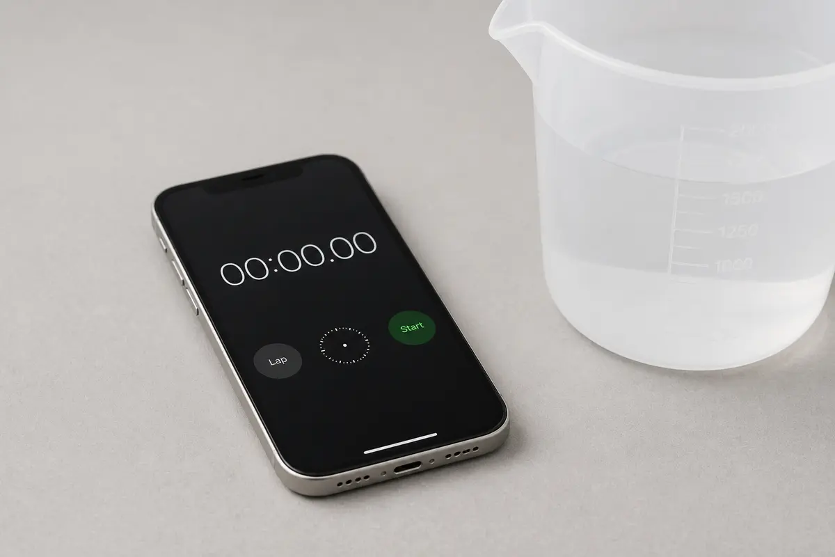 Phone stopwatch timer beside measuring bucket for bathtub flow test