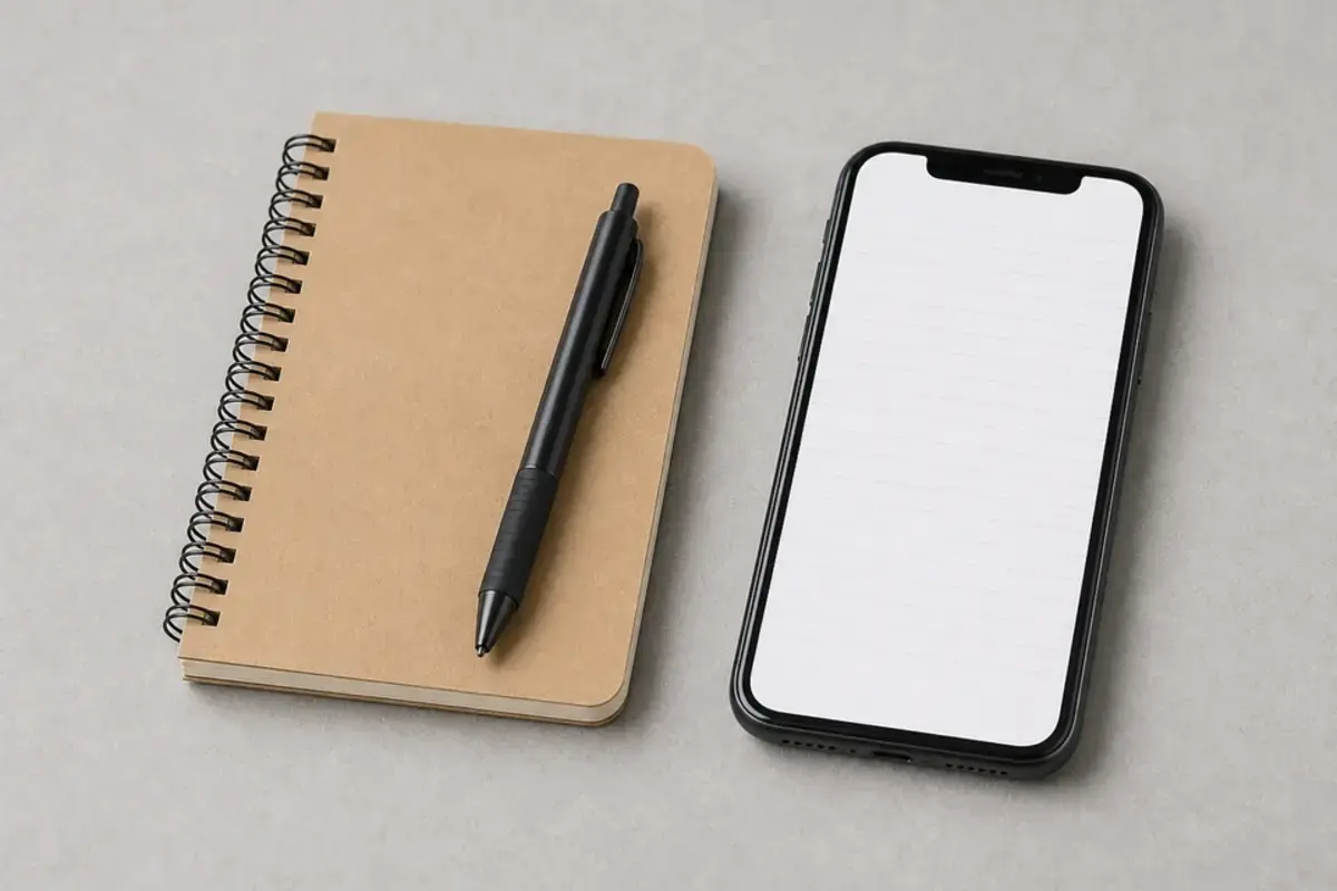 Notebook and phone for recording boiler pressure, fault light, and zone notes