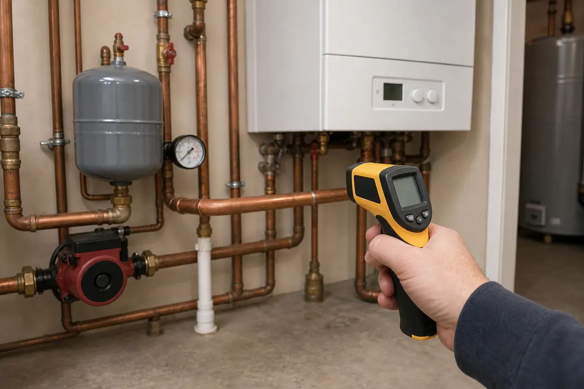 Infrared thermometer for no-contact boiler pipe and baseboard temperature checks