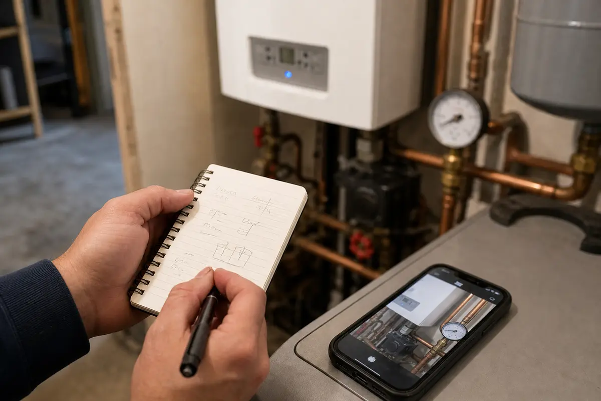 Notebook and phone for recording boiler pressure, fault codes, and symptom timing