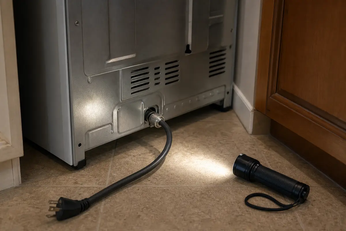 Inspection flashlight staged near the rear cord area of a freestanding range for E310 power diagnosis