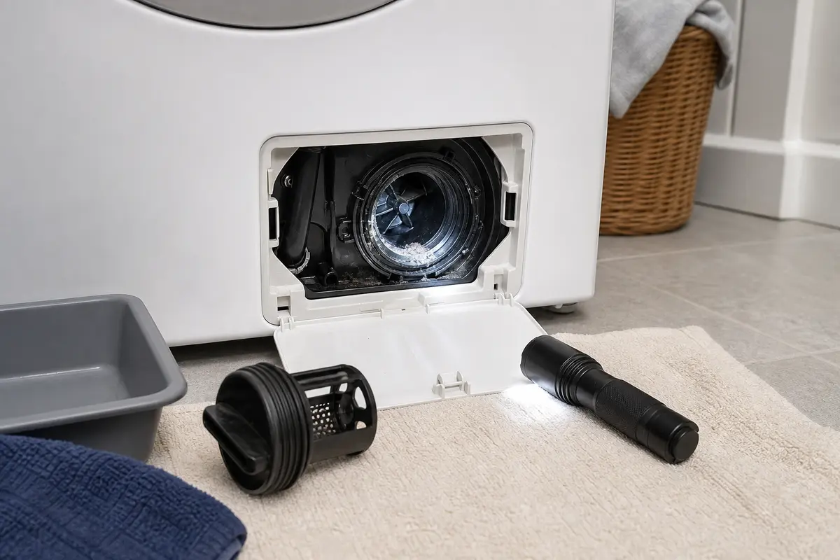 Inspection flashlight checking Bosch washer pump filter area