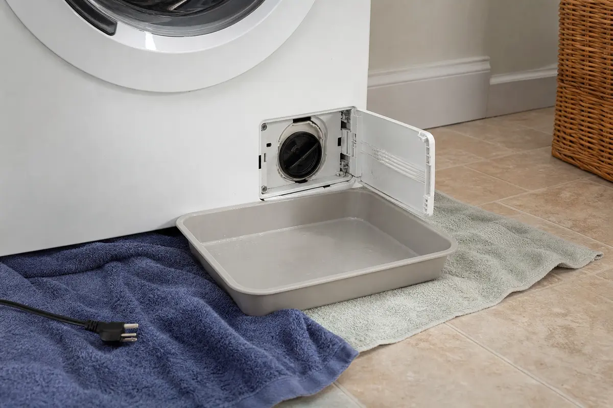 Shallow drain pan below a Bosch washer pump filter