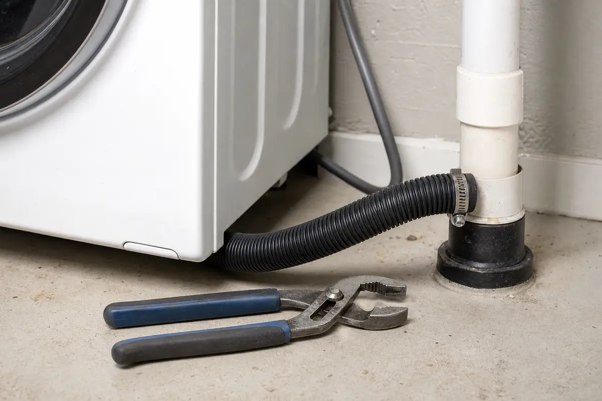 Slip-joint pliers on a Bosch washer drain hose clamp