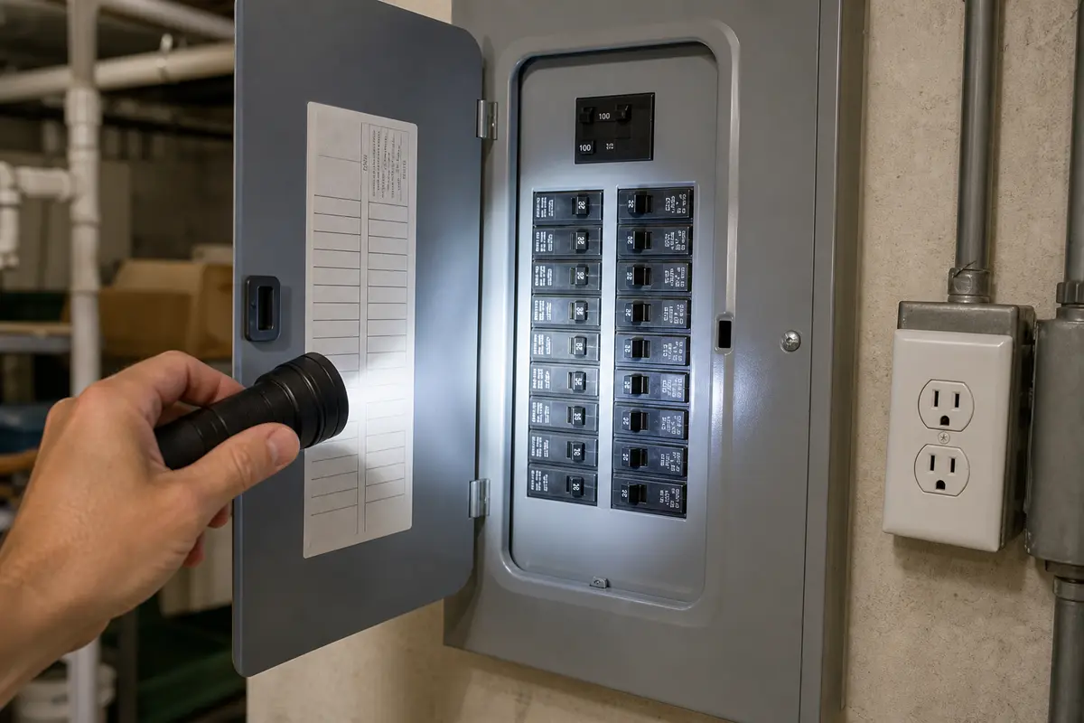 Inspection flashlight checking breaker labels and outlet faces
