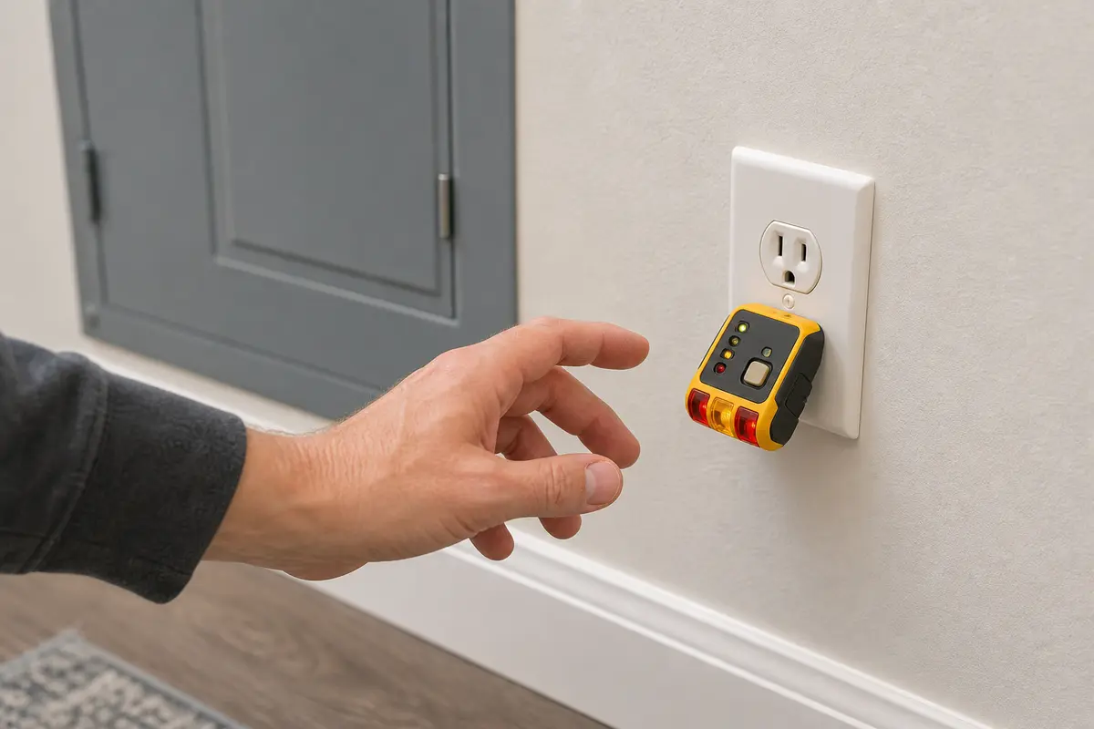 Outlet tester with GFCI button for dry receptacle checks