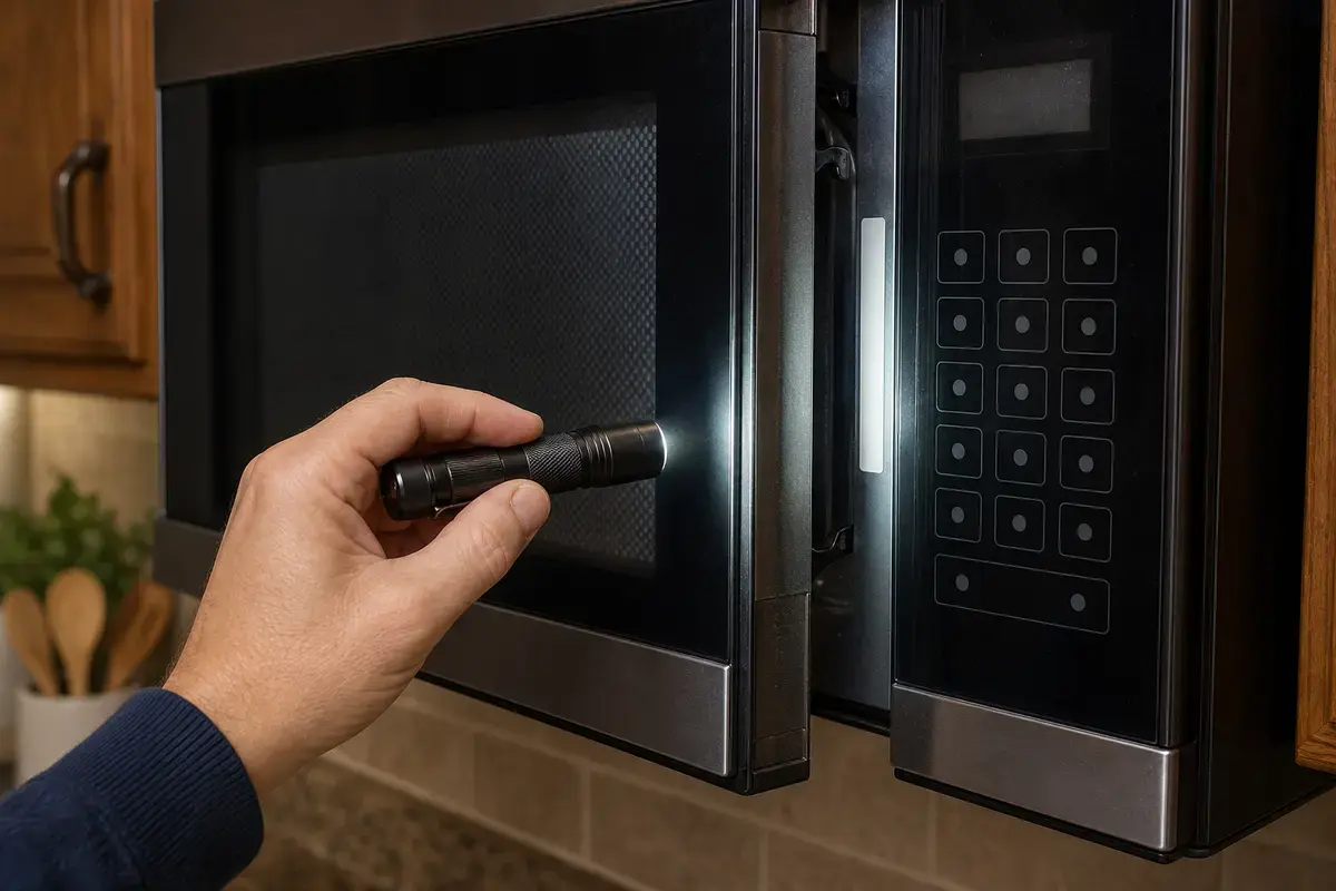 Compact flashlight checking microwave latch hooks from outside