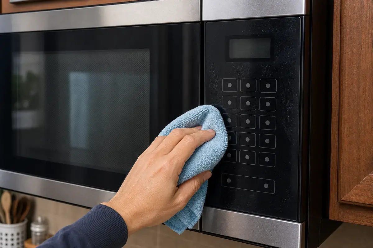 Soft microfiber cloth cleaning the outside microwave latch area