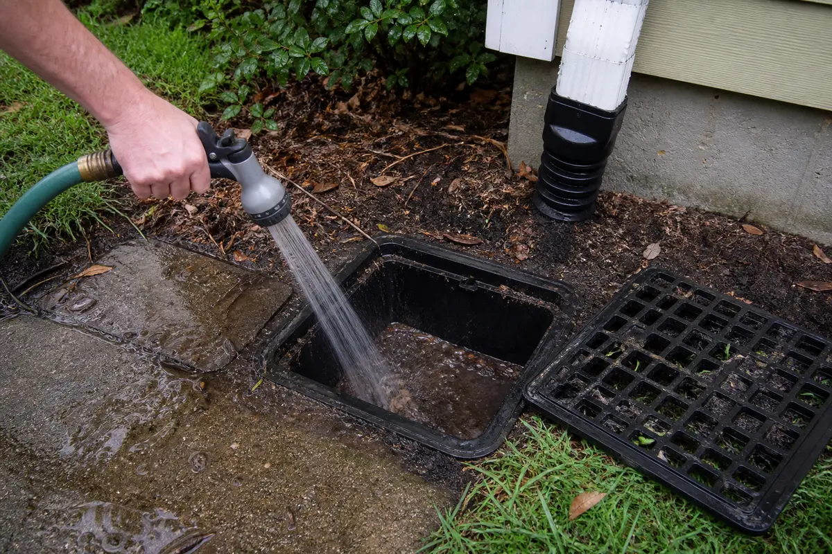 Garden hose testing flow into a yard drain basin