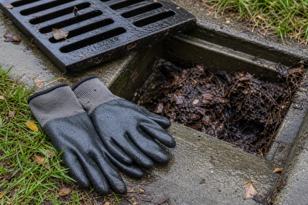Waterproof work gloves beside a muddy catch basin grate